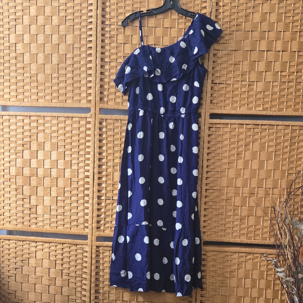 Navy One-Shoulder Polka Dot Ruffle Maxi Dress